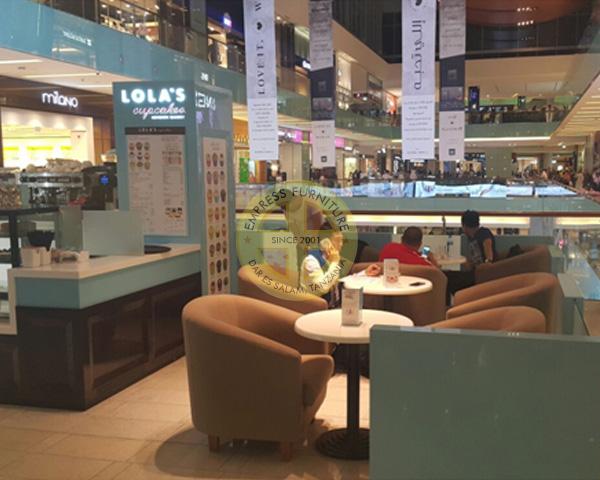 Coffee shop sofas and marble light tables in Dubai Mall