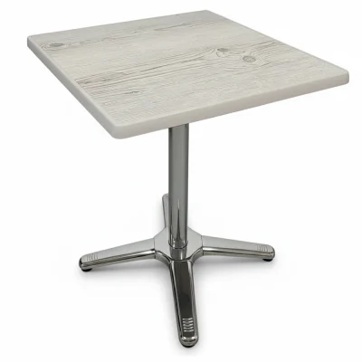 staff canteen square table with a light gray laminated grain top and a chrome pedestal base